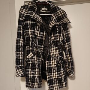 Dress Barn Black and White Pea Coat with Belted Waist